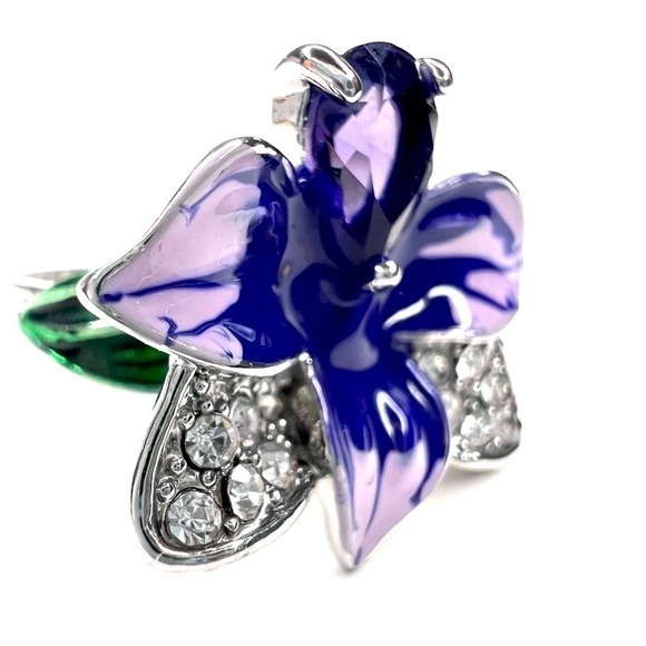 Sterling Silver Purple Orchid Flower Ring Enamel Rhinestone  Statement - Picture 6 of 9